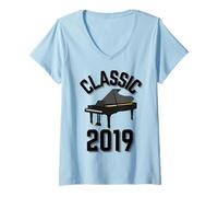 Donna Anno Classico 2019 con Un Pianoforte a Coda. Maglietta con Collo a V