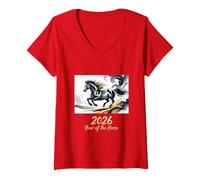 Donna Anno del Cavallo di Fuoco 2026 Capodanno Cinese Festivo Maglietta con Collo a V