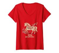 Donna Anno del Cavallo di Fuoco 2026 Capodanno Cinese Festivo Maglietta con Collo a V