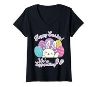 Donna Annuncio di Gravidanza Hoppy Easter We're Eggspecting Egg Maglietta con Collo a V