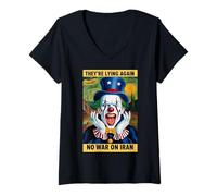 Donna Anti-Guerra Iran Protesta Clown Notizie False Satira Maglietta con Collo a V