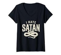 Donna Anti Satana Tshirt Divertente Cristiano Gesù Dio Chiesa Maglietta con Collo a V