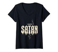 Donna Anti Satana Tshirt Divertente Cristiano Gesù Dio Chiesa Maglietta con Collo a V
