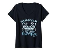 Donna Anti Social Butterfly Funny Introvert Maglietta con Collo a V
