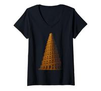 Donna Antica Torre di Babilonia Illustrazione Maglietta con Collo a V