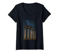 Donna Antiche rovine del Tempio sotto Cielo Paesaggio Maglietta con Collo a V