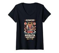 Donna Aomori Nebuta Matsuri Giappone Samurai Giapponese Kanji Souvenir Maglietta con Collo a V