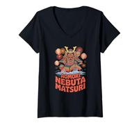 Donna Aomori Nebuta Matsuri Giappone Samurai Souvenir Giapponese Maglietta con Collo a V
