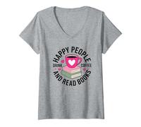 Donna Appassionato di caffè Amante dei Libri Che Legge Bibliophile Nerd Maglietta con Collo a V