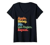 Donna Apple Honey Dip Repeat Rosh Hashanah Yom Kippur Hanukkah Maglietta con Collo a V