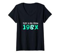 Donna Aqua Light Teal Just A Kid From 198X Light Teal Aqua Graphic Maglietta con Collo a V