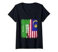 Donna Arabia Saudita Malesia Mezza Bandiera Saudi Malaysian Heritage Maglietta con Collo a V