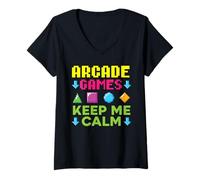 Donna Aracde Games Keep Me Calm Videogioco Gaming Gamer Maglietta con Collo a V