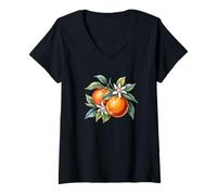 Donna Arance e Fiori ad Acquerello Botanical Fruit Art Maglietta con Collo a V