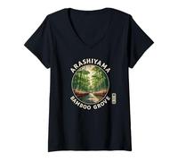 Donna Arashiyama Bamboo Grove Kyoto Foresta Giappone Kanji Souvenir Maglietta con Collo a V