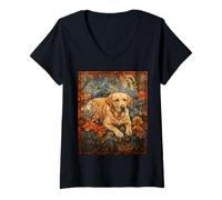 Donna Arazzo Floreale Vintage Yellow Lab Dog Maglietta con Collo a V