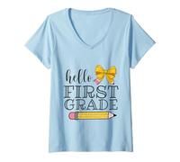 Donna Archetto a matita Hello First Grade Teacher Back to School Maglietta con Collo a V