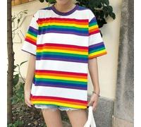 Donna Arcobaleno a Righe Cotone T-Shirt Loose Harajuku Top Casual Manica Nuovo