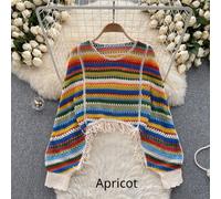 Donna Arcobaleno a Righe Maglia Maglione Nappe Traforato Sciolto Pullover