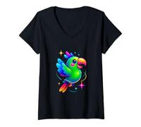 Donna Arcobaleno Pappagallo Colorato Cartoon Bird Maglietta con Collo a V
