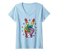 Donna Arcobaleno Scheletro Pace Sign LGBT - Freedom LGBTQ Pride Month Maglietta con Collo a V