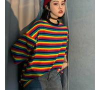 Donna Arcobaleno Striscia T-Shirt Larga Casual Top a Maniche Corte Harajuku
