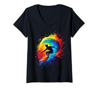 Donna Arcobaleno Vintage Surf - Design Artistico Surfista Maglietta con Collo a V