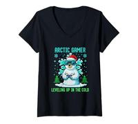 Donna Arctic Gamer Pixel Art Retro 8-Bit Inverno G esign Maglietta con Collo a V