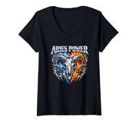 Donna Ariete Power Zodiac RAM Skull Blue Fire Biker Heavy Metal Maglietta con Collo a V