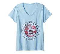Donna Arkansas Boho State 1836 - Camicia Rustica con capanna nella Foresta Maglietta con Collo a V
