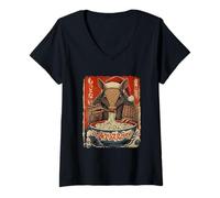 Donna Armadillo Mangiare Ramen Noodles Ukiyo-e Pigiama di Natale Maglietta con Collo a V