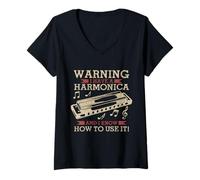 Donna Armonica Musicista Divertente Vintage Blues Musica Armonicista Maglietta con Collo a V