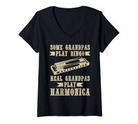 Donna Armonica Musicista Divertente Vintage Blues Musica Armonicista Maglietta con Collo a V
