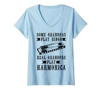 Donna Armonica Musicista Divertente Vintage Blues Musica Armonicista Maglietta con Collo a V