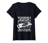 Donna Armonica Musicista Divertente Vintage Blues Musica Armonicista Maglietta con Collo a V