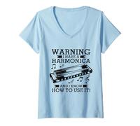 Donna Armonica Musicista Divertente Vintage Blues Musica Armonicista Maglietta con Collo a V