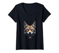 Donna Arrabbiato Coyote Testa ruggente Animale Selvatico Deserto Arte Maglietta con Collo a V