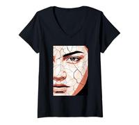 Donna Arte Astratta del Ritratto del Viso incrinato emotivo Maglietta con Collo a V