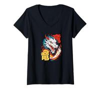 Donna Arte dinamica del Drago Asiatico con Kanji e Aura ardente Maglietta con Collo a V
