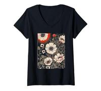 Donna Arte Floreale Botanica Dark Cottagecore Anemone Bloom Maglietta con Collo a V