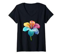 Donna Arte Floreale Colorata con Fiori di Ibisco Tropicale Maglietta con Collo a V