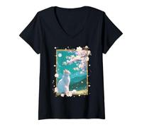 Donna Arte Giapponese Gatto Sotto Luna Sakura Bianco Cherry Blossom Maglietta con Collo a V