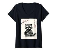 Donna Arte Giapponese Kawaii Samurai Sakura Procione Divertente Maglietta con Collo a V