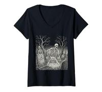 Donna Arte Gotica Scheletro Zombie Tomba Orrore Maglietta con Collo a V