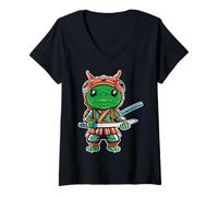 Donna Arte Ninja Giapponese e Rana Samurai Giapponese Maglietta con Collo a V