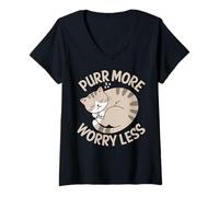 Donna Arte per gatti Purr More Worry Less Calm Maglietta con Collo a V