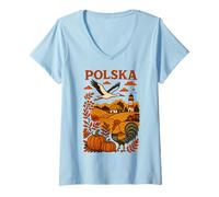 Donna Arte Popolare della Campagna Autunnale Polacca Maglietta con Collo a V