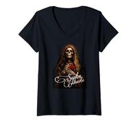 Donna Arte ravvicinata di Santa Muerte Dark Folk Saint Maglietta con Collo a V