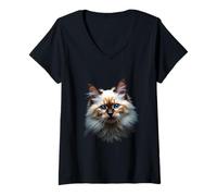 Donna Arte realistica con faccia di gatto Ragdoll dall'oscurità Maglietta con Collo a V
