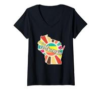 Donna Arte Retro Colorata dell'Outline del Wisconsin Maglietta con Collo a V